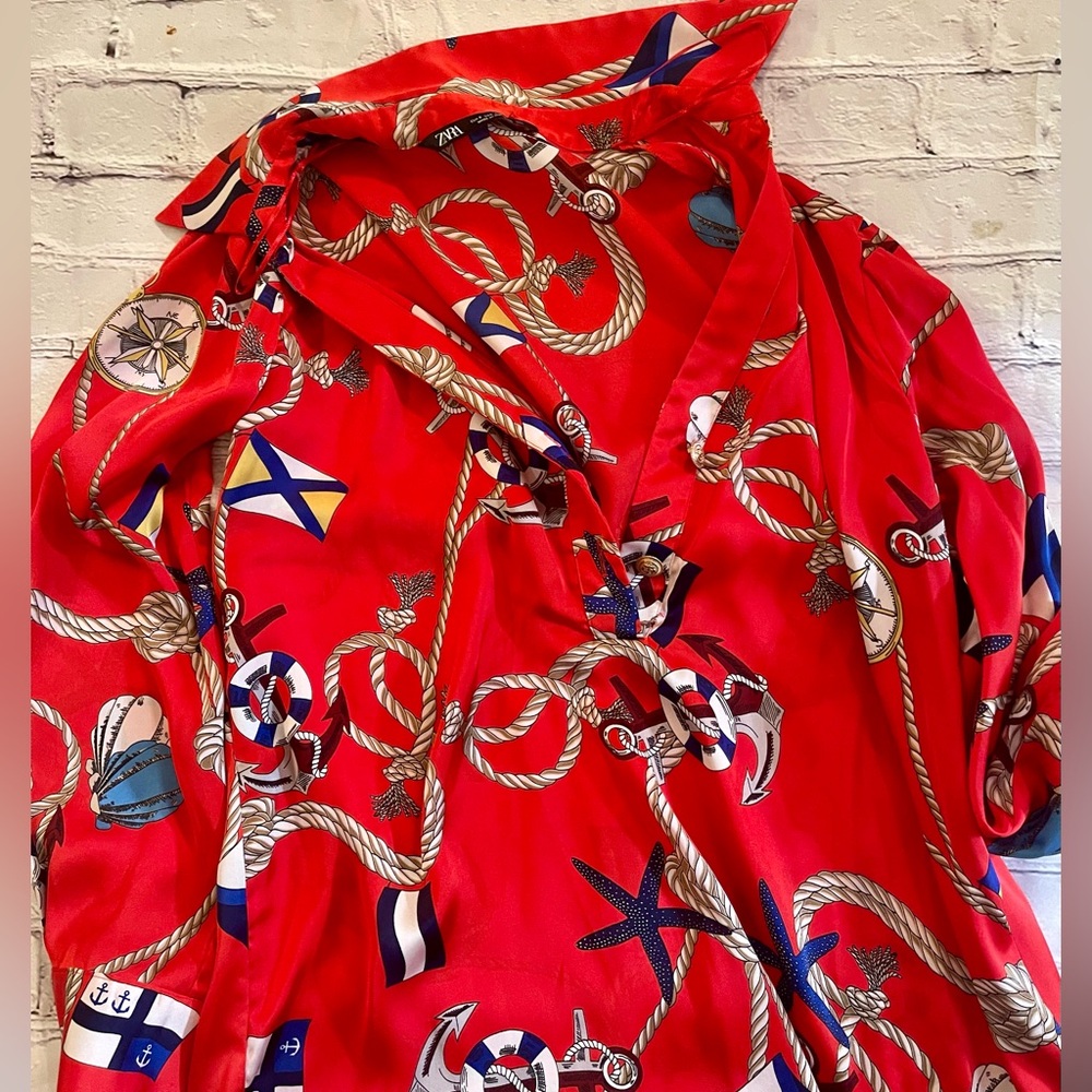 Beautiful red nautical-themed style satin blouse. zara size S
